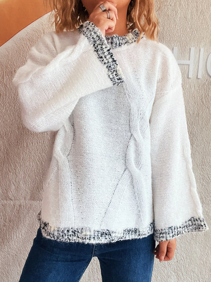 Women Contrast Trim Detail Round Neck Sweater nicholesgifts