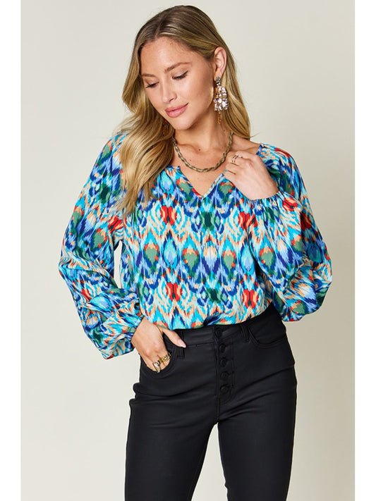 Women Double Take Full Size Printed Balloon Sleeve Blouse nicholesgifts