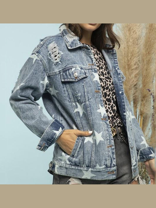 Star Distressed Denim Shacket nicholesgifts
