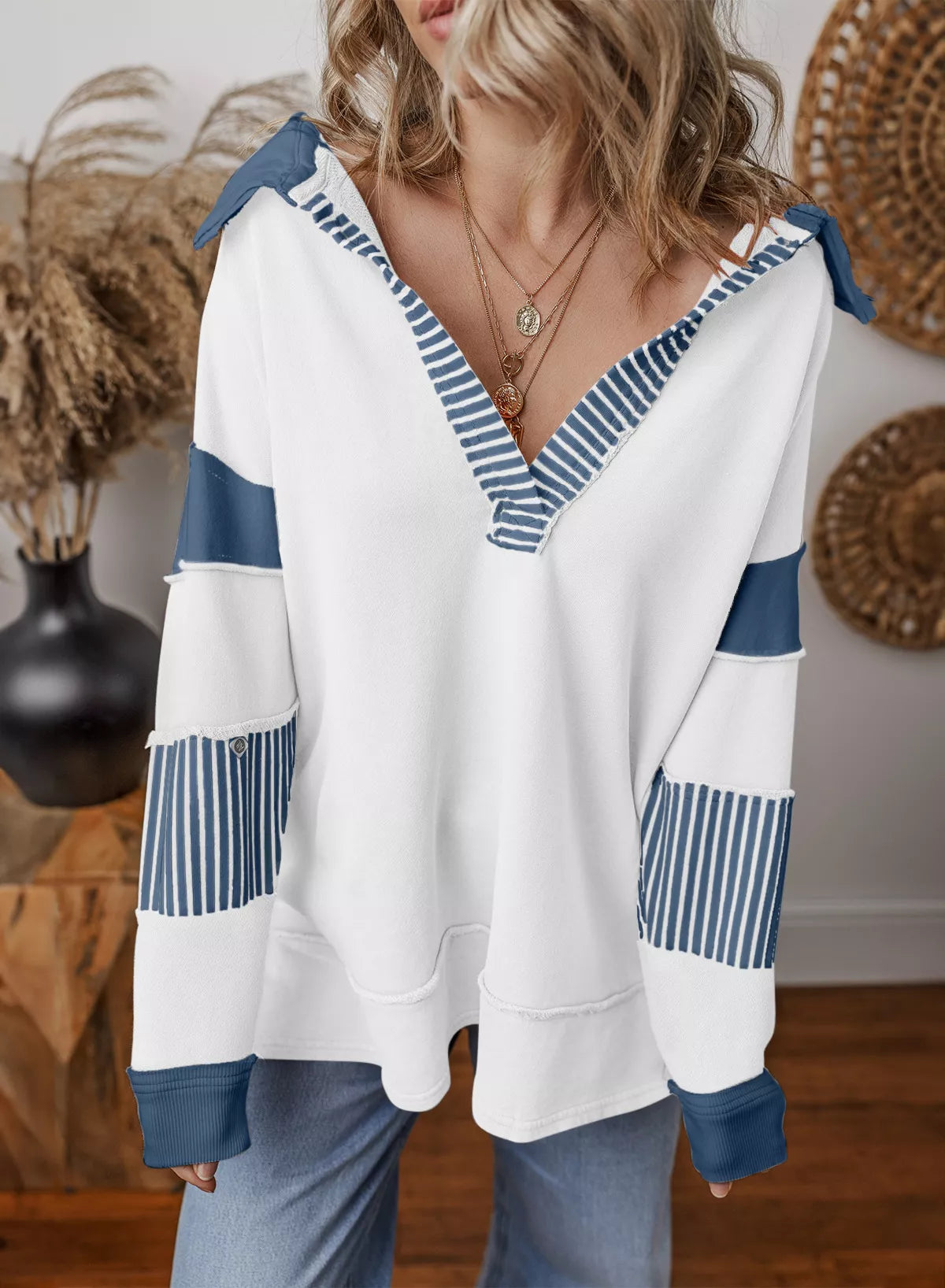 Color Block Striped Johnny Collar Sweatshirt nicholesgifts