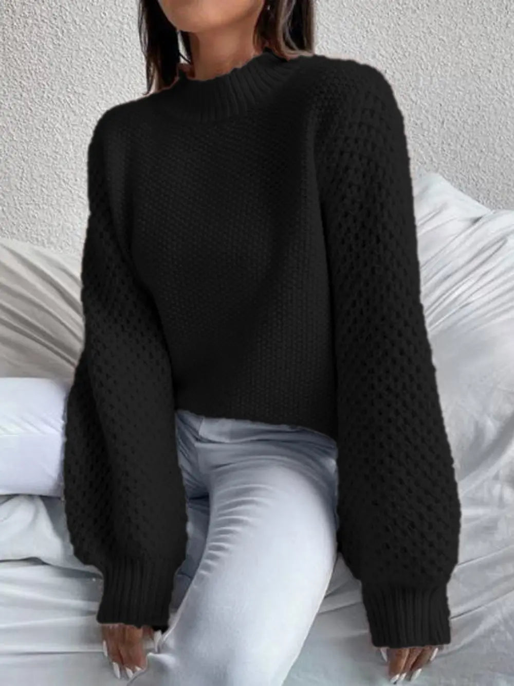 Openwork Mock Neck Long Sleeve Sweater Trendsi
