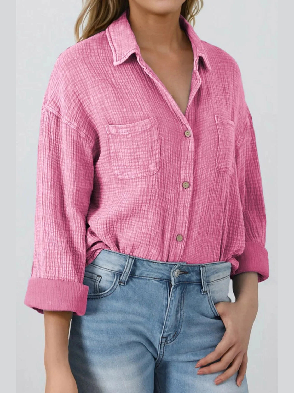 Button Down Collared Neck Long Sleeve Shirt NicholesGifts