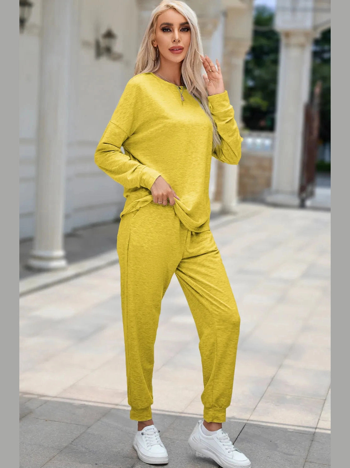 Round Neck Top and Drawstring Pants Lounge Set nicholesgifts