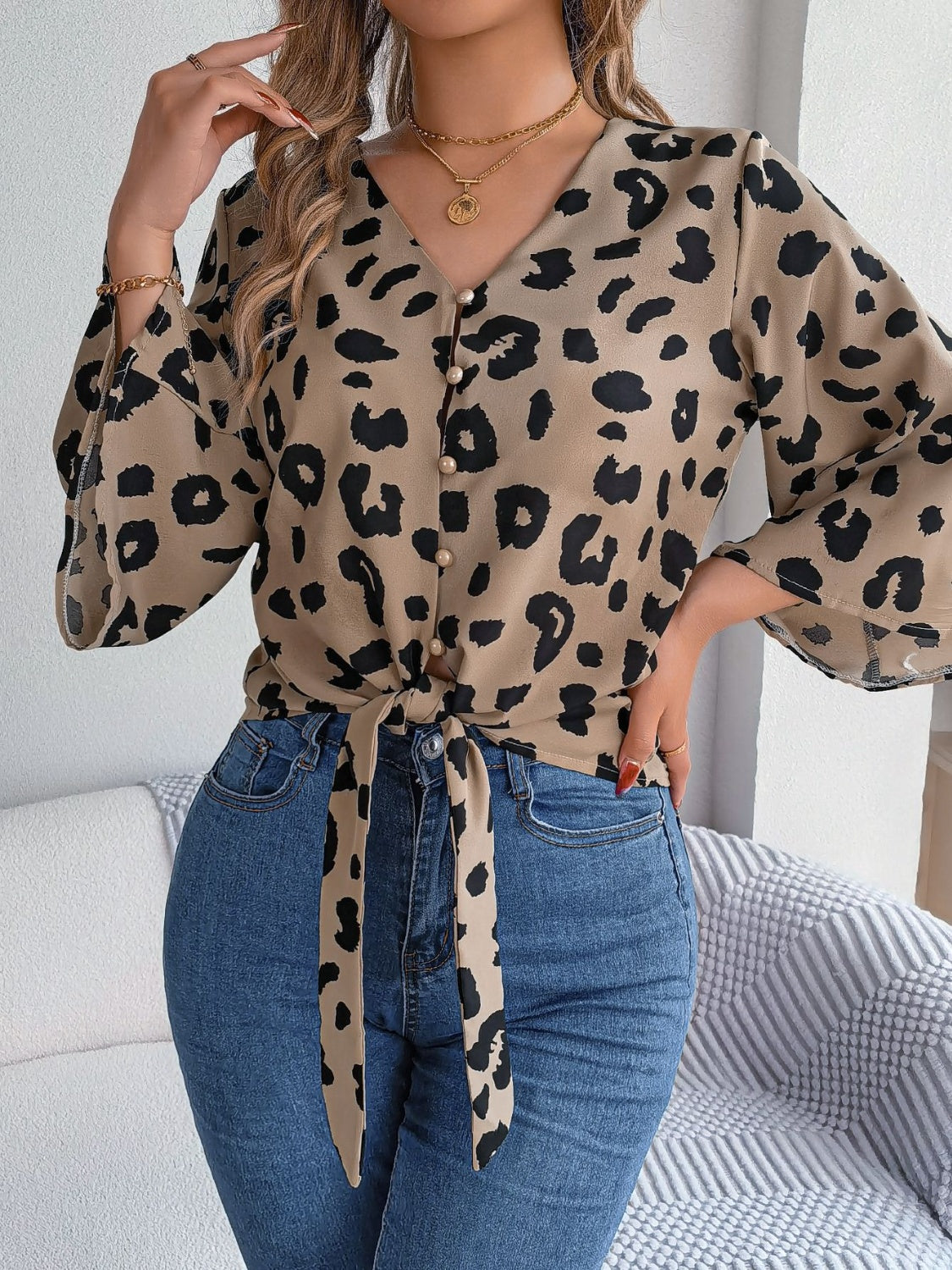 Tied Button Up Leopard V-Neck Blouse nicholesgifts