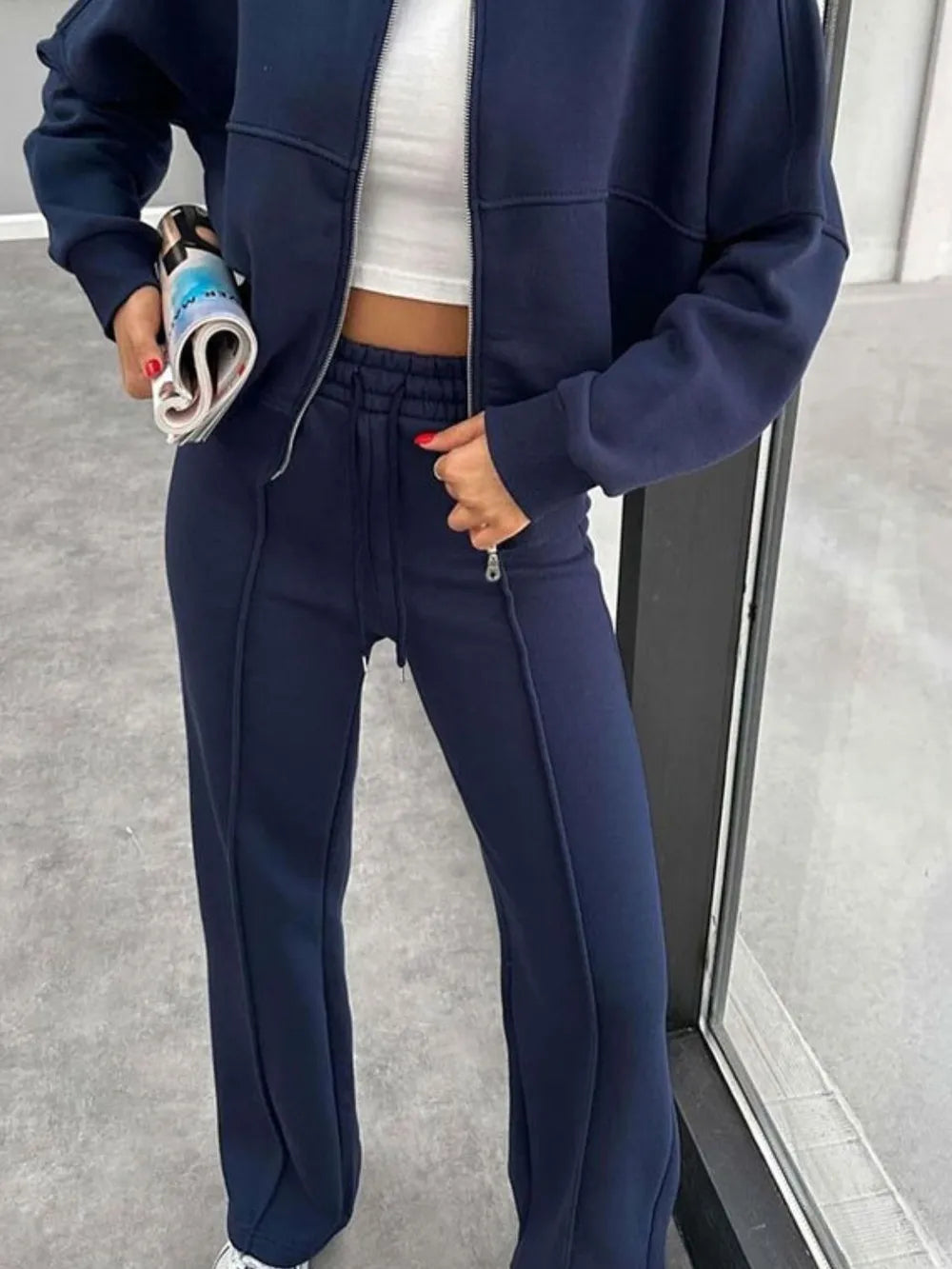Baseball Collar Zip Up Outerwear and Drawstring Pants Set nicholesgifts