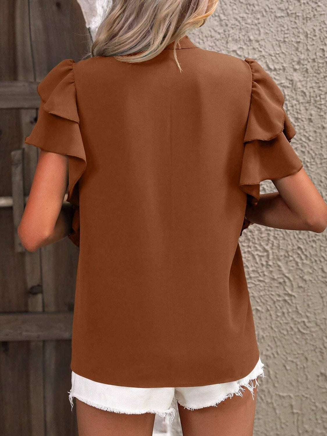 Ruffled Notched Short Sleeve Blouse nicholesgifts