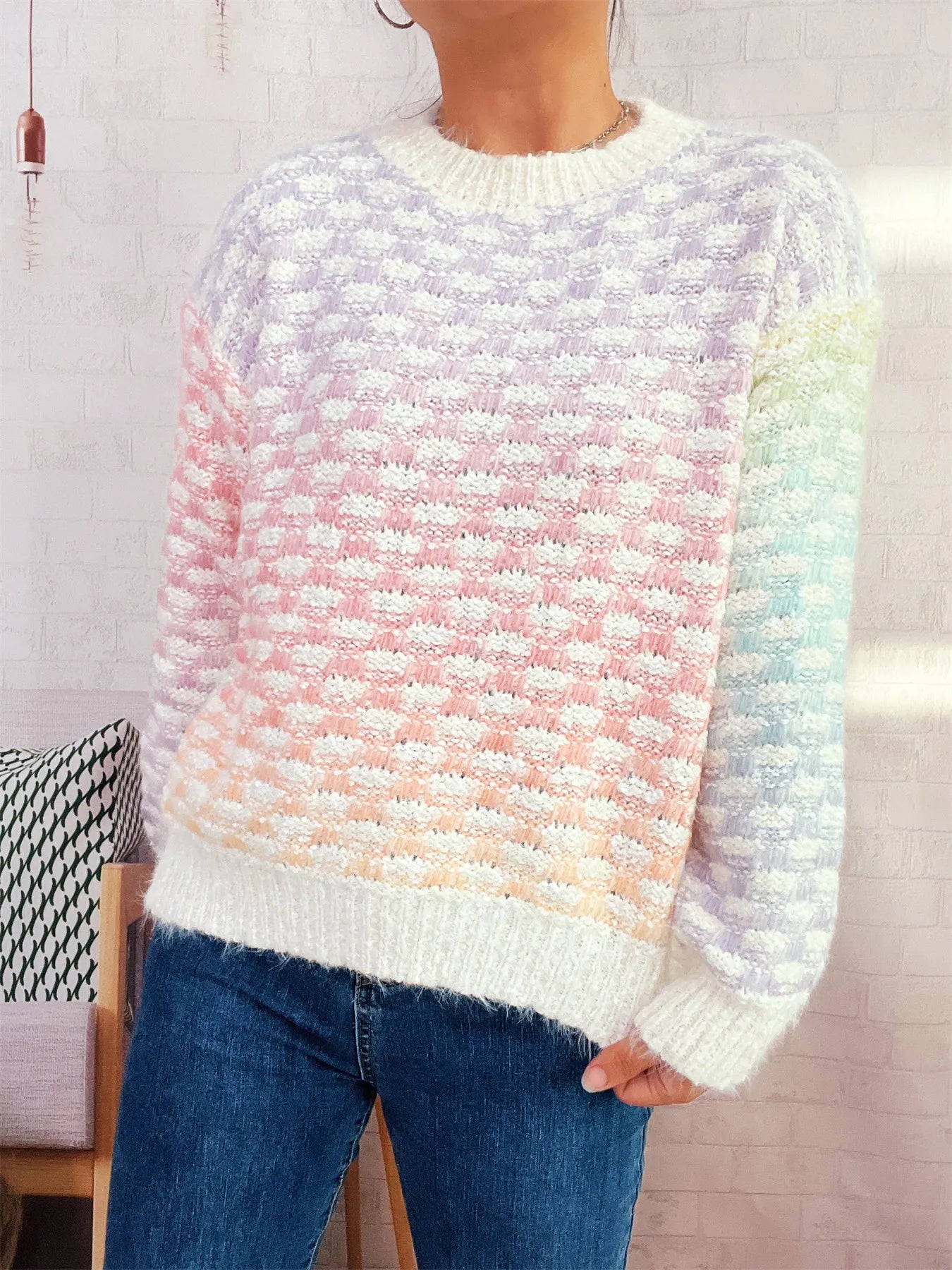 Rainbow Gradient Round Neck Sweater
