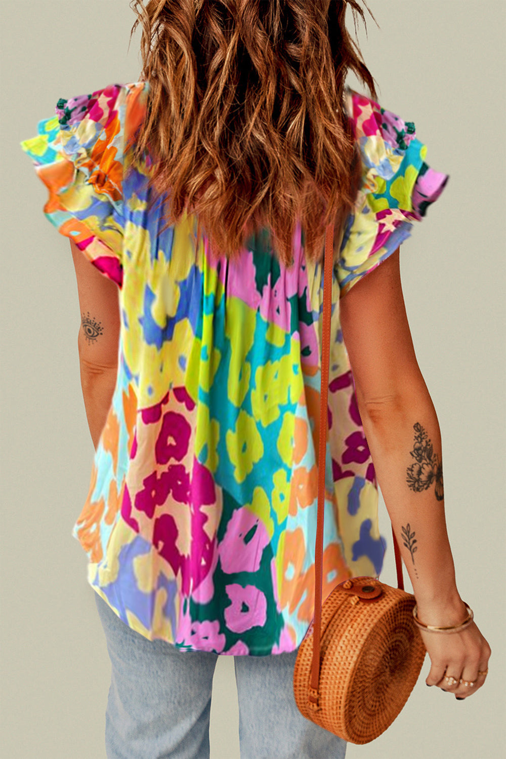 Ruffled Printed Tie Neck Cap Sleeve Blouse nicholesgifts