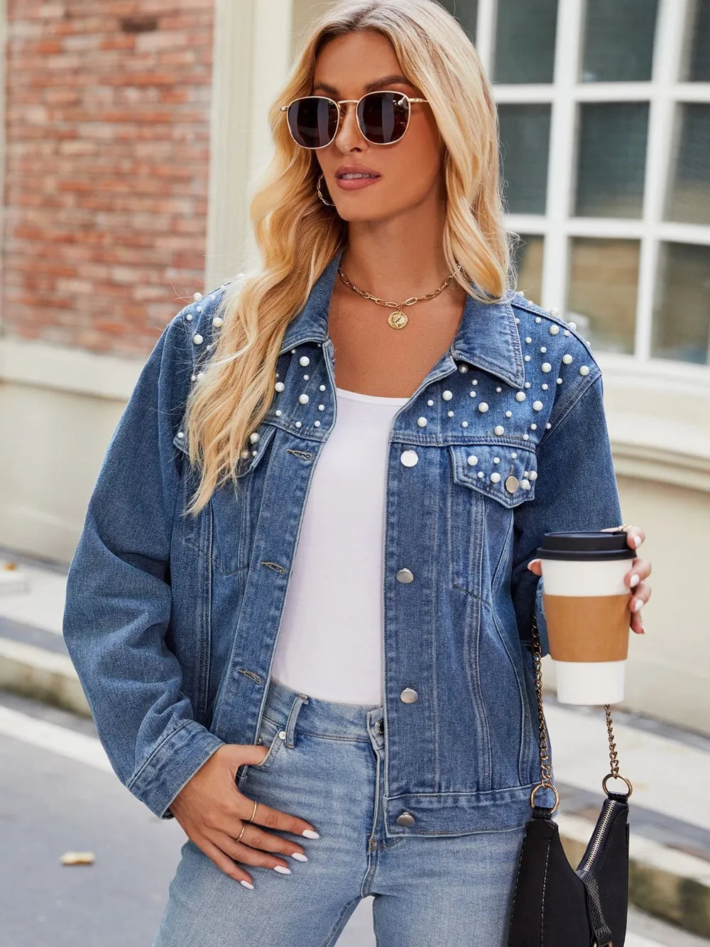 Pearl Detail Collared Neck Long Sleeve Denim Jacket nicholesgifts