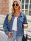 Pearl Detail Collared Neck Long Sleeve Denim Jacket nicholesgifts