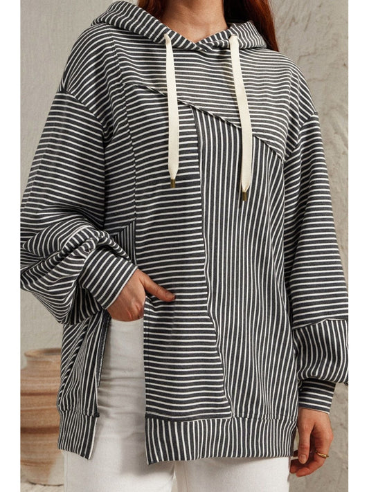 Women Slit Drawstring Striped Long Sleeve Hoodie nicholesgifts