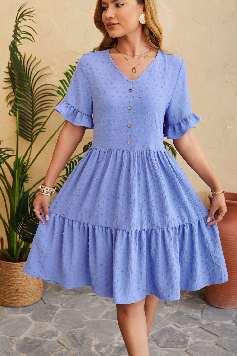 Women Swiss Dot Ruffled V-Neck Tiered Dress nicholesgifts