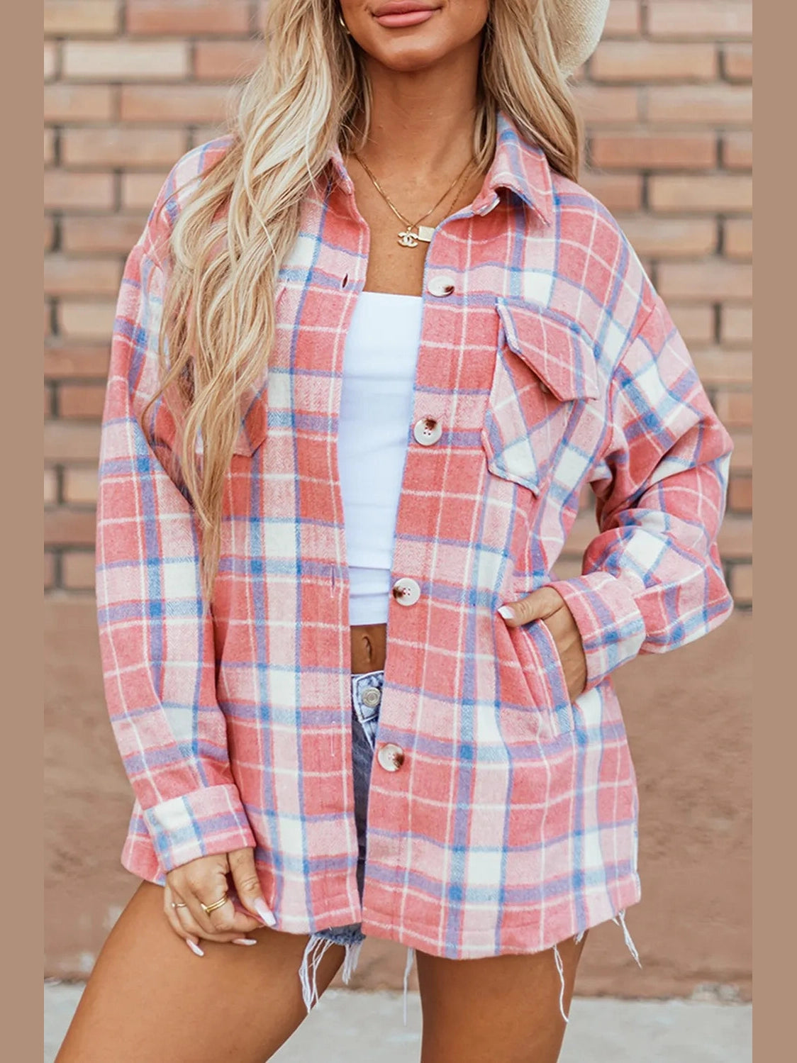 Plaid Button Up Long Sleeve Shacket nicholesgifts