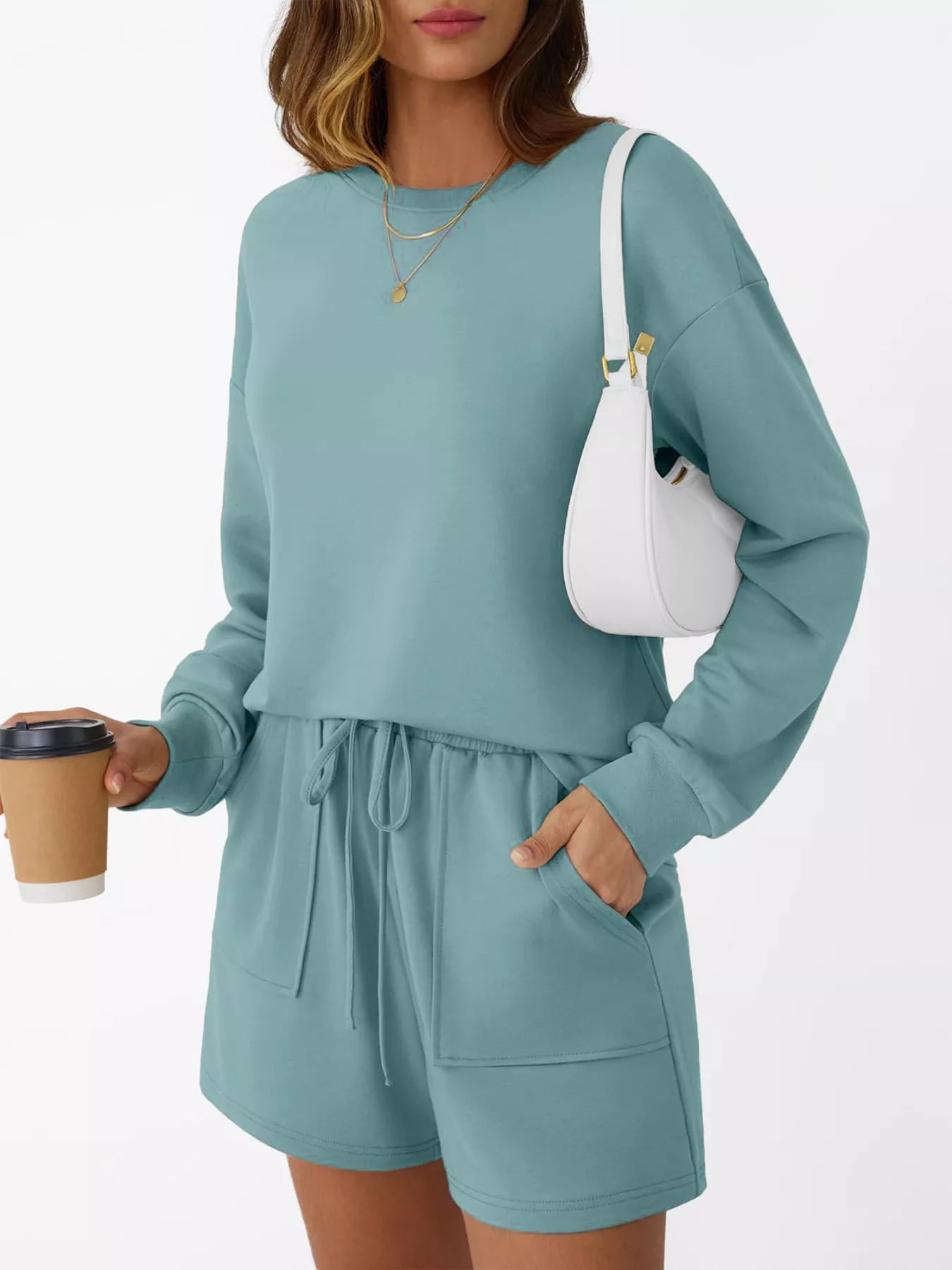 Round Neck Long Sleeve Top and Shorts Set Trendsi