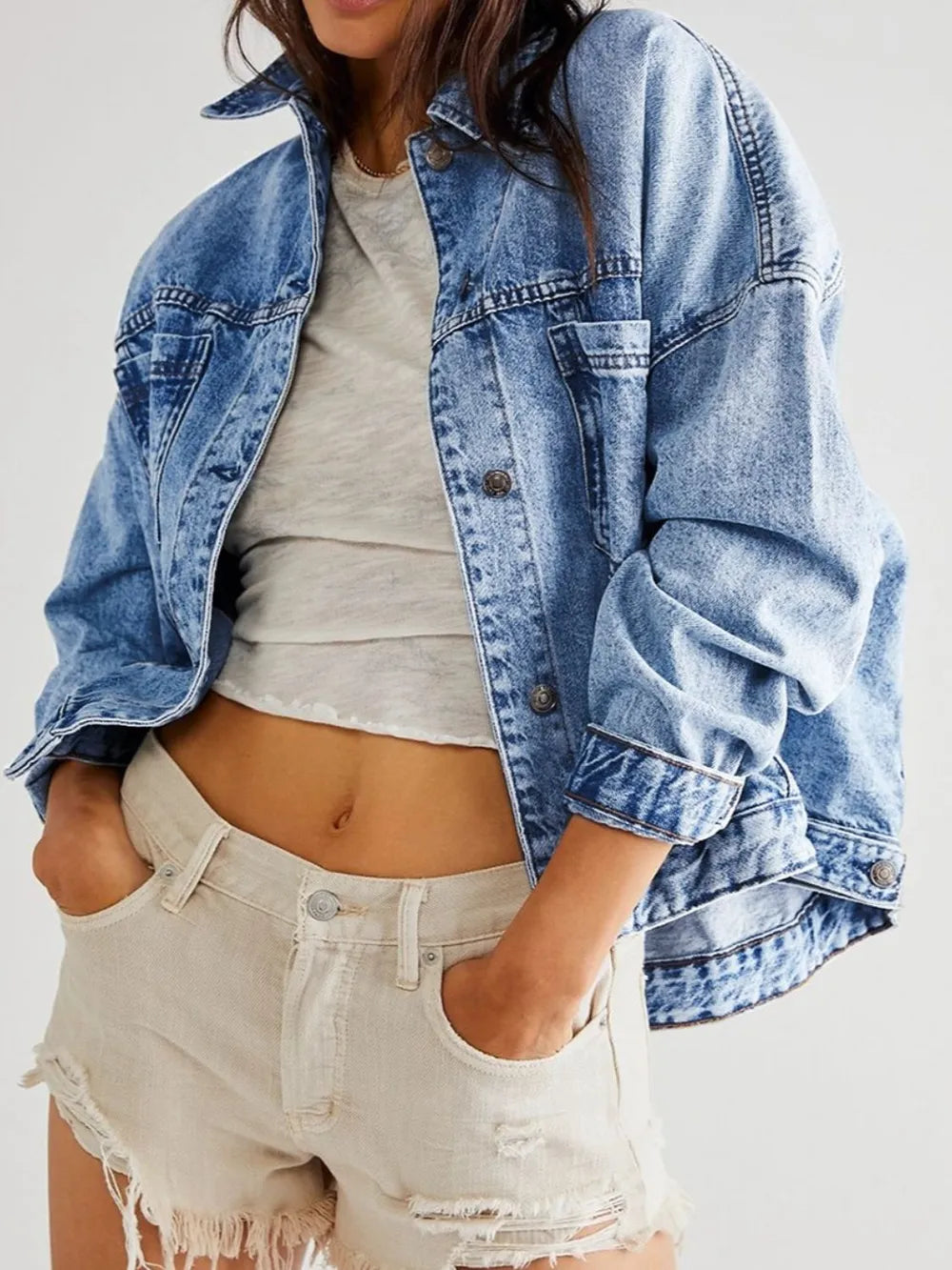 Pocketed Button Up Denim Jacket nicholesgifts