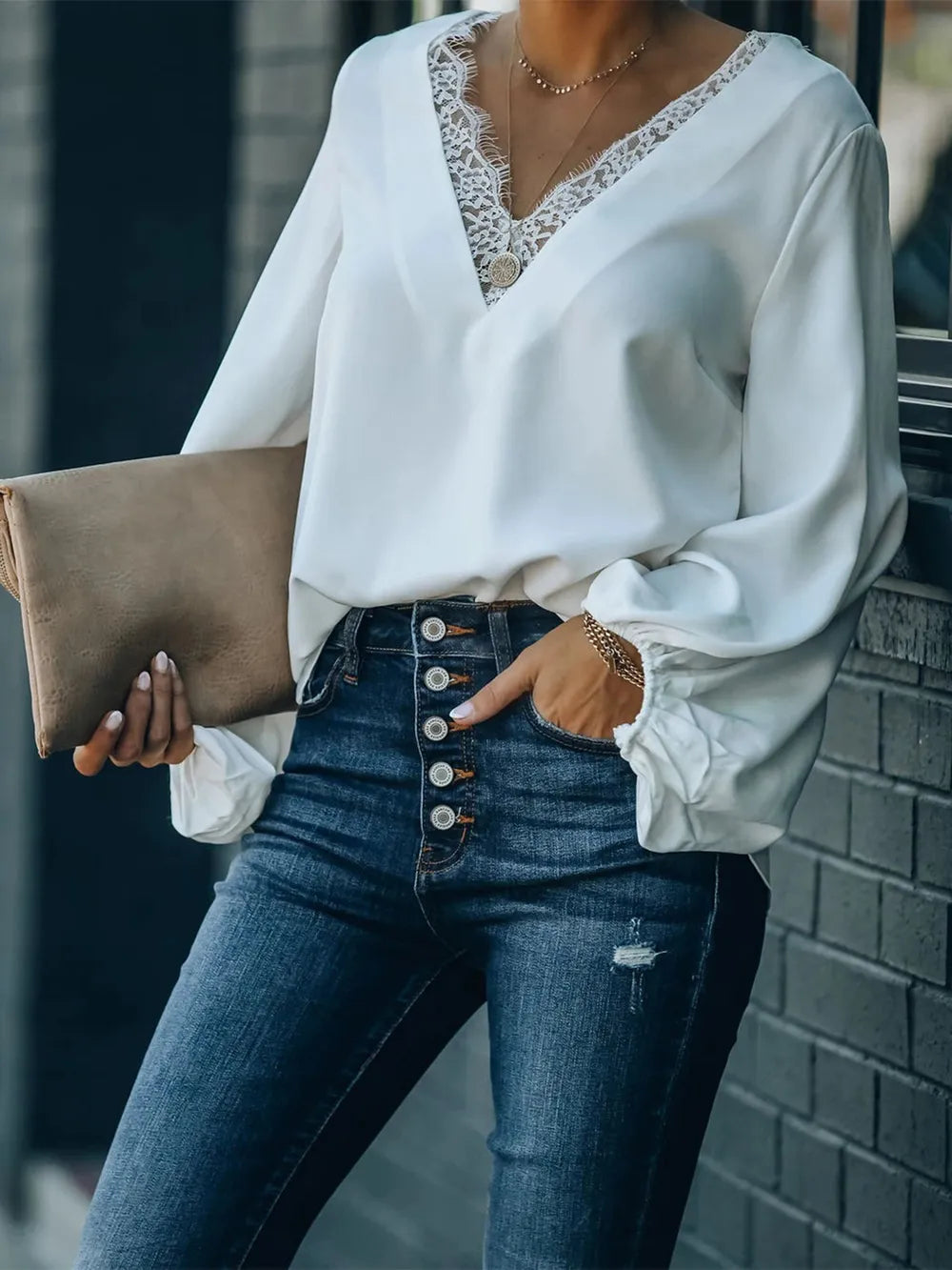 Lace Detail V-Neck Long Sleeve Blouse NicholesGifts