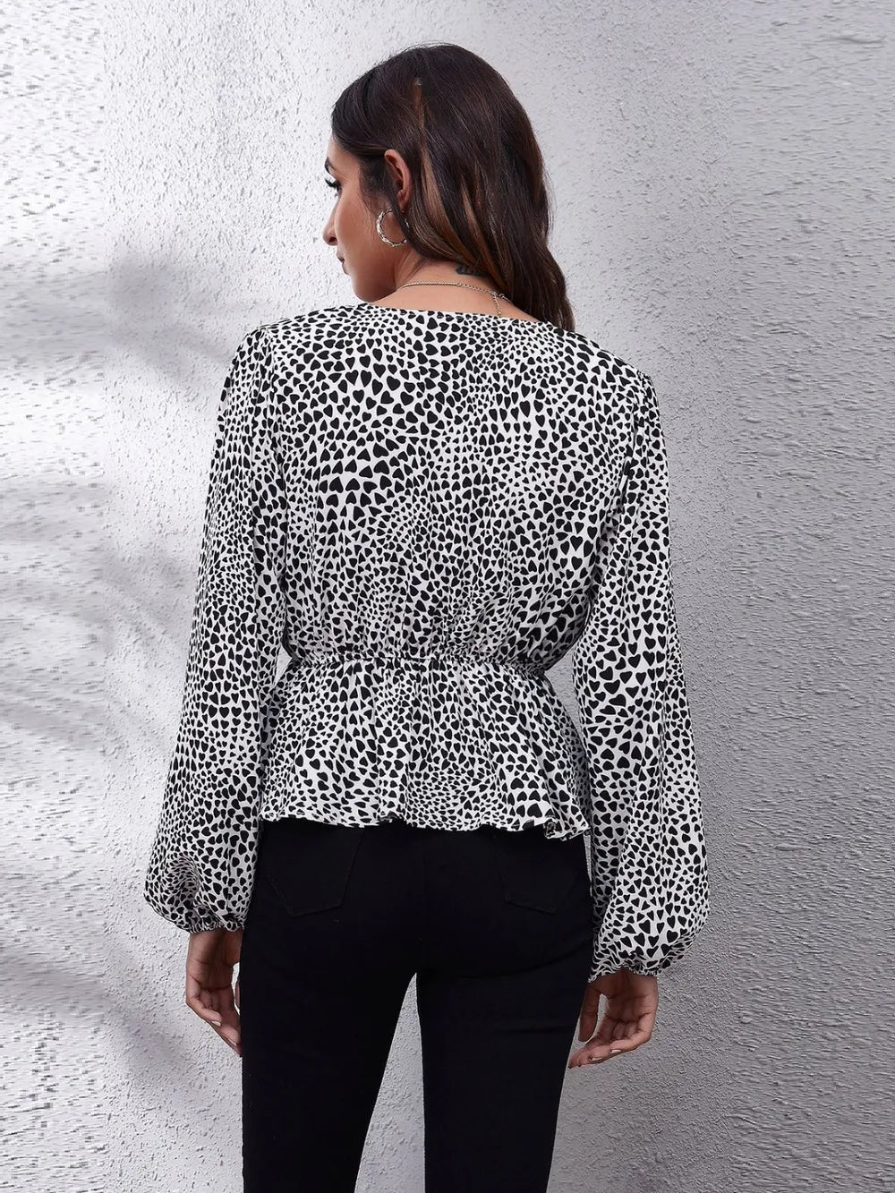 Ruched Printed V-Neck Long Sleeve Blouse nicholesgifts
