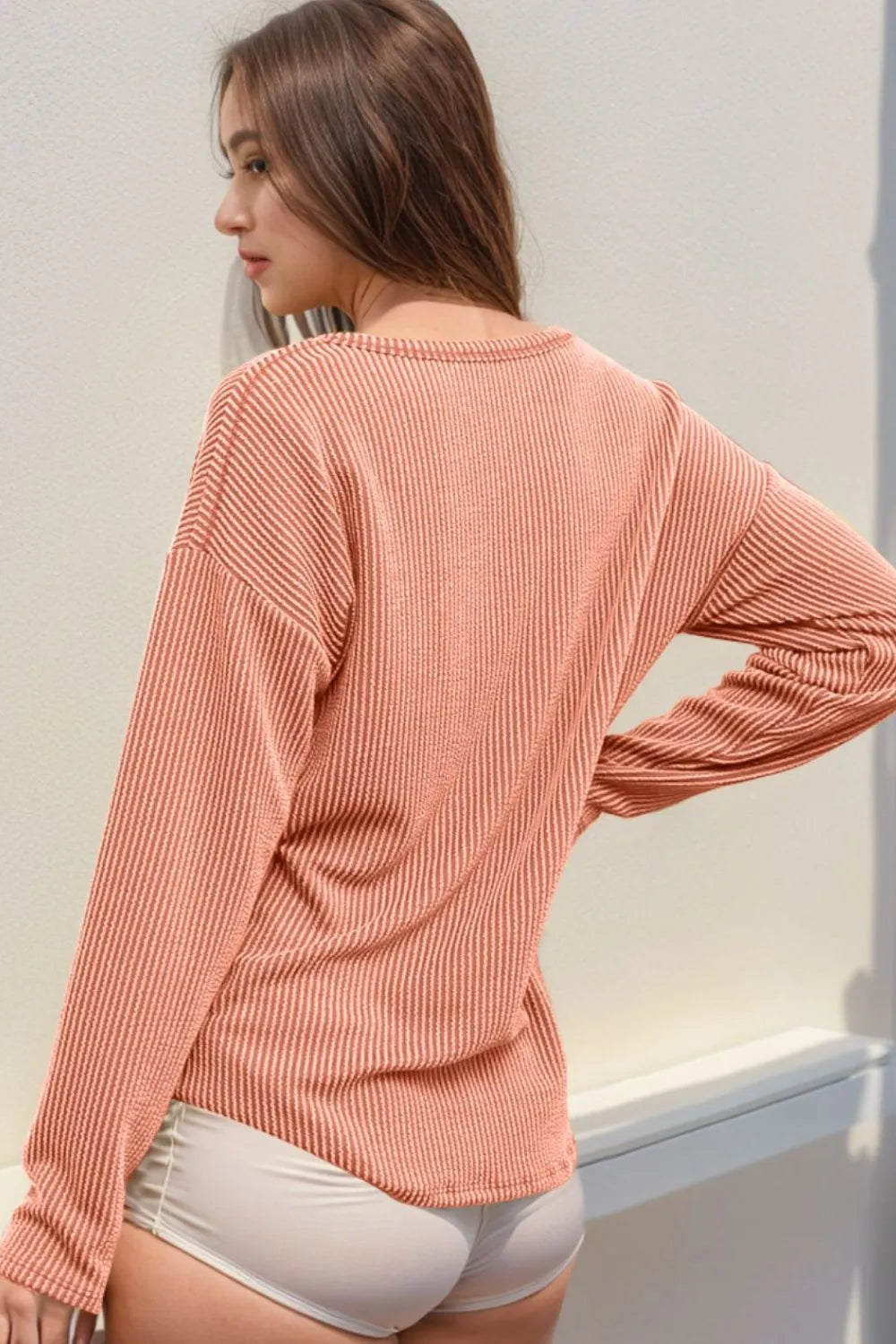 Double Take Striped Notched Long Sleeve T-Shirt NicholesGifts