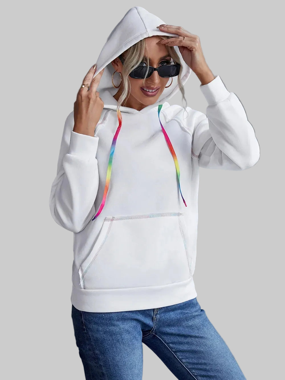 Ivy Lane Contrast Stitching Drawstring Raglan Sleeve Hoodie Trendsi