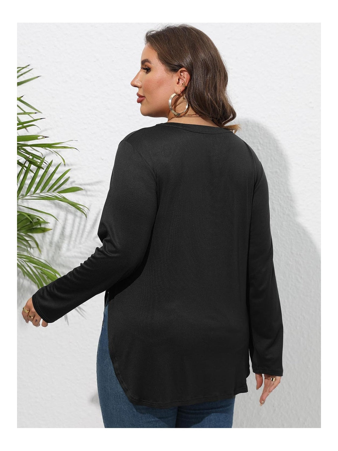 Women Plus Size Round Neck Long Sleeve Slit T-Shirt nicholesgifts