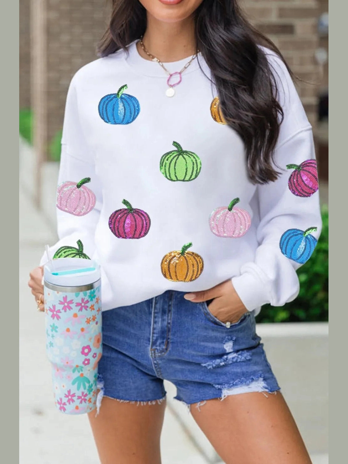 Pumpkin Round Neck Long Sleeve Sweatshirt