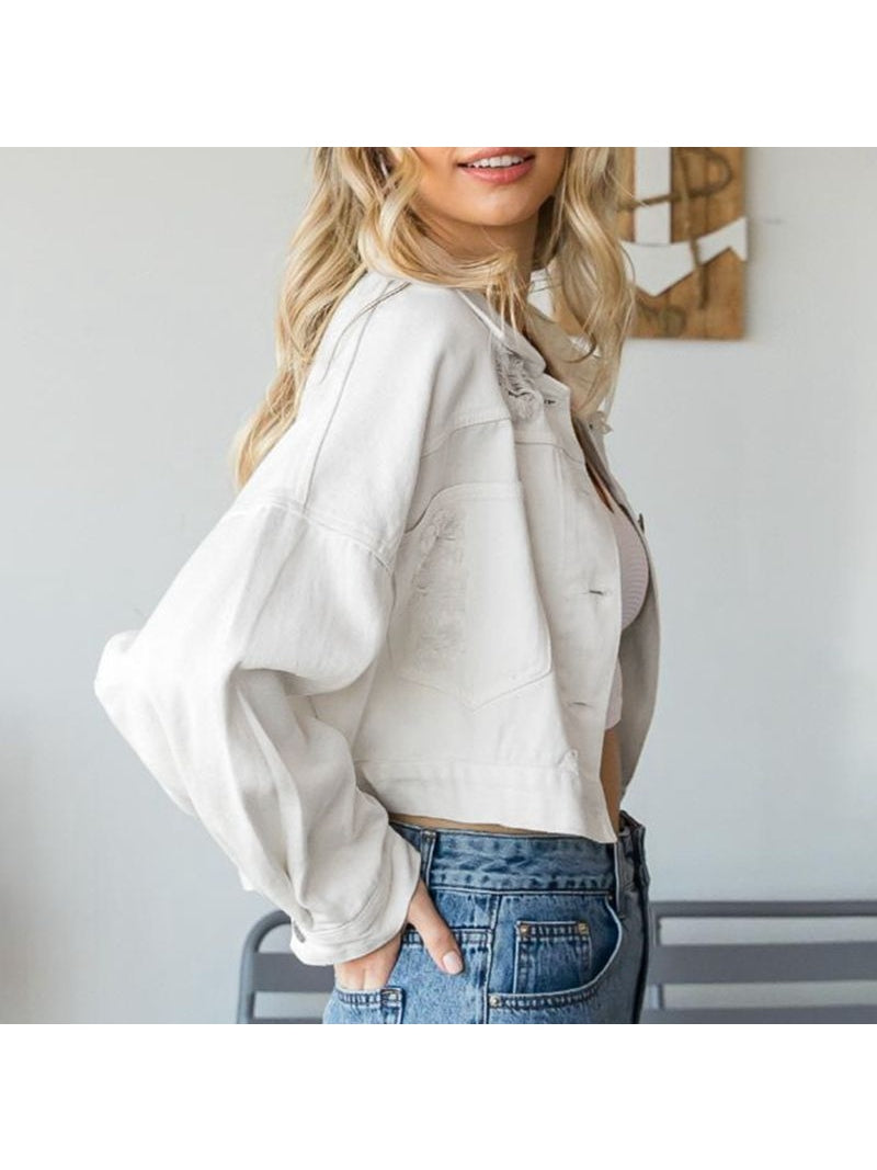 Cropped Collared Neck Dropped Shoulder Denim Jacket nicholesgifts