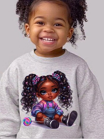 African American Toddler Girls Curly Hair Long Sleeve Crewneck Sweatshirt