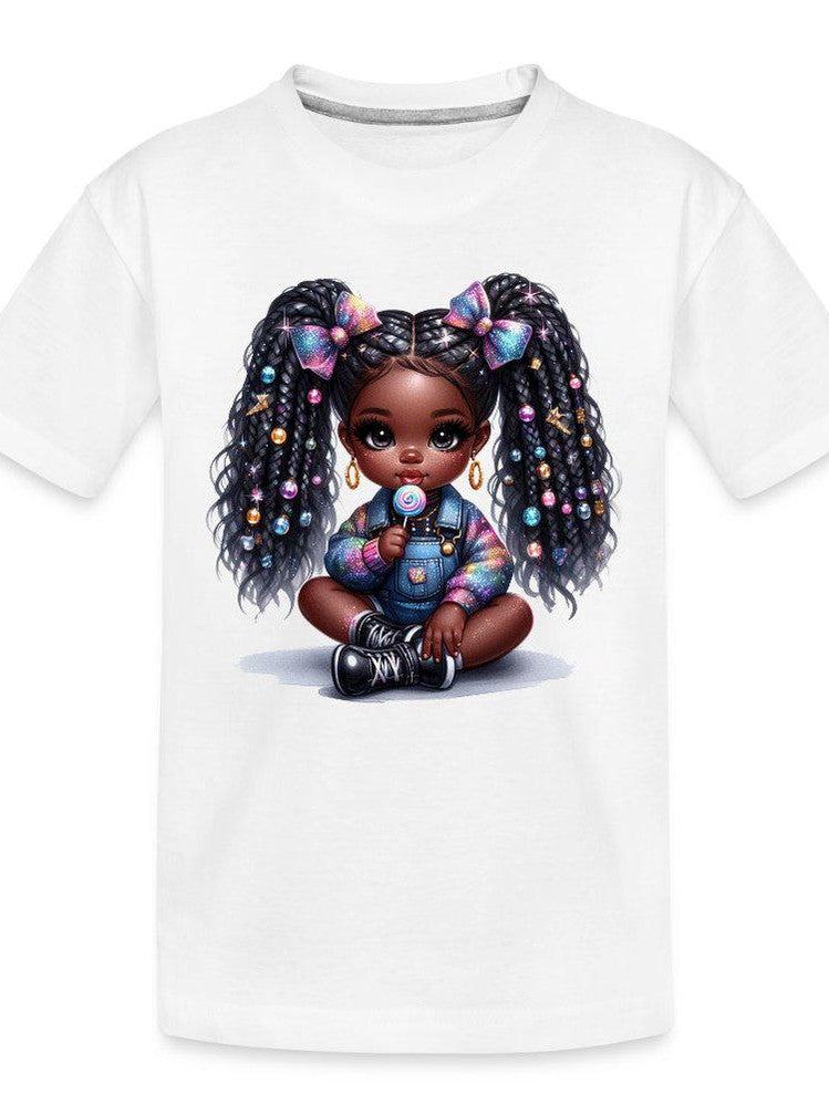 African American Toddler Girls Pretty Bows and Beads Organic Short Sleeve T-Shirt