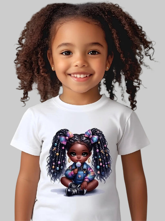 African American Toddler Girls Pretty Bows and Beads Organic Short Sleeve T-Shirt