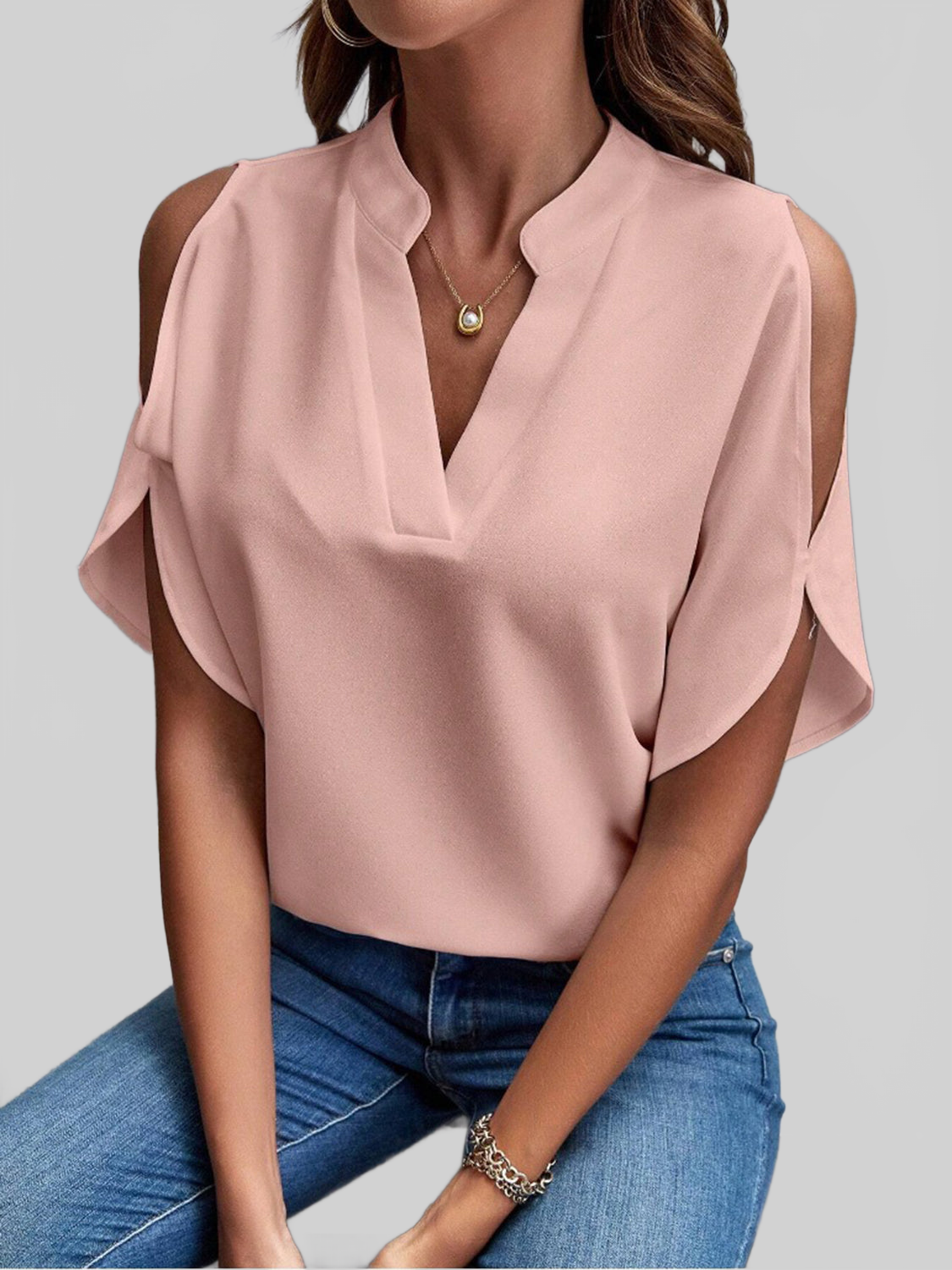 Notched Cold Shoulder Half Sleeve Blouse nicholesgifts