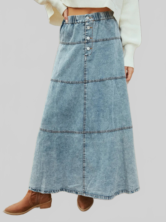Women Button-Front Tiered Maxi Denim Skirt NicholesGifts