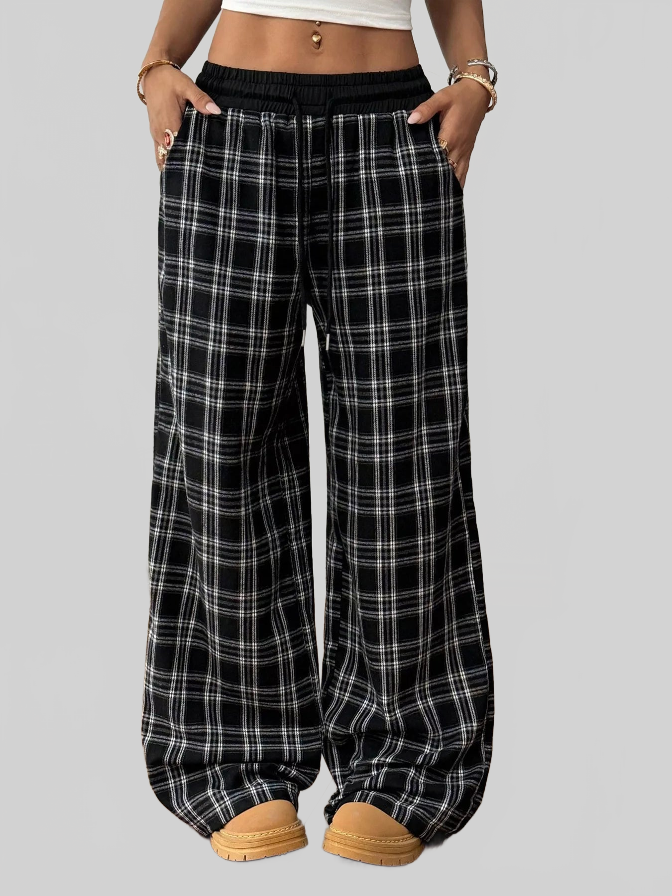 Women Plaid Wide-Leg Pants with Elastic Waistband nicholesgifts