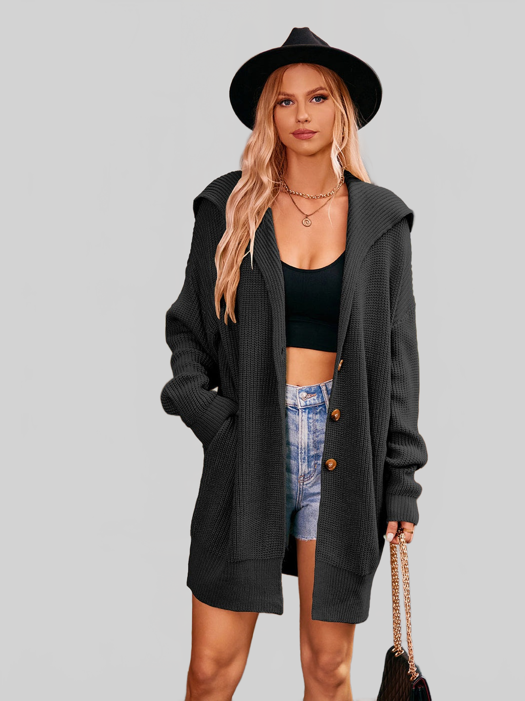 Women Collared Neck Button-Up Cardigan with Pockets nicholesgifts