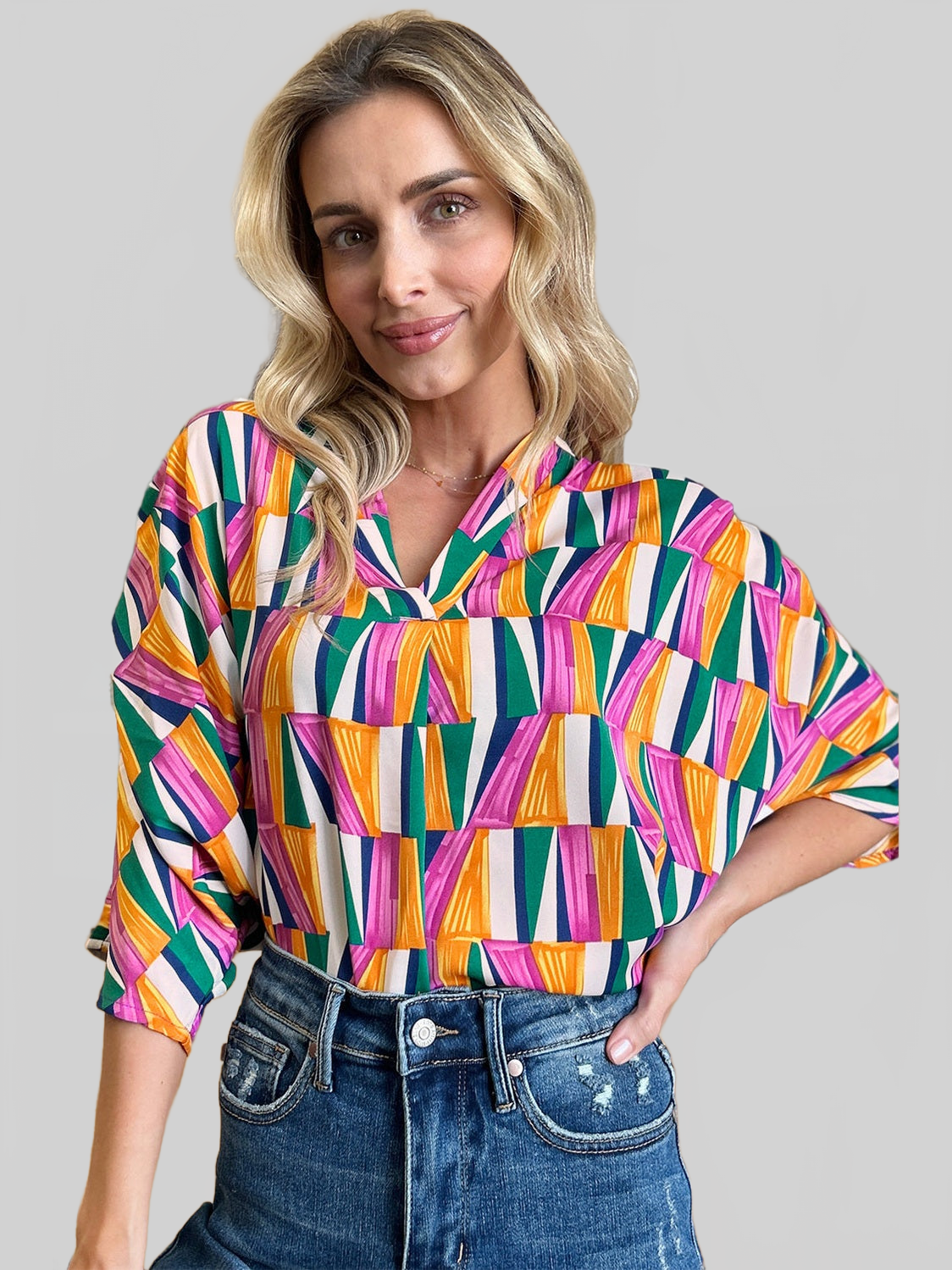 Women Double Take Full Size Geometric Notched Dolman Sleeve Top nicholesgifts