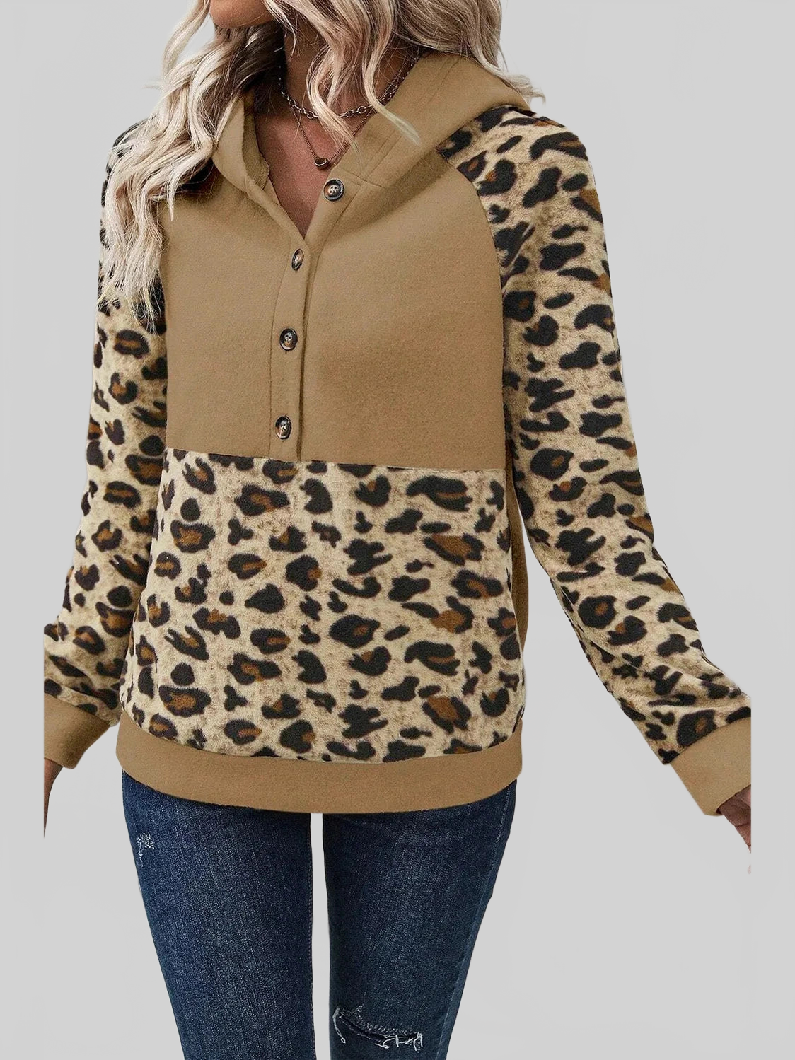 Leopard Half Button Long Sleeve Hoodie nicholesgifts