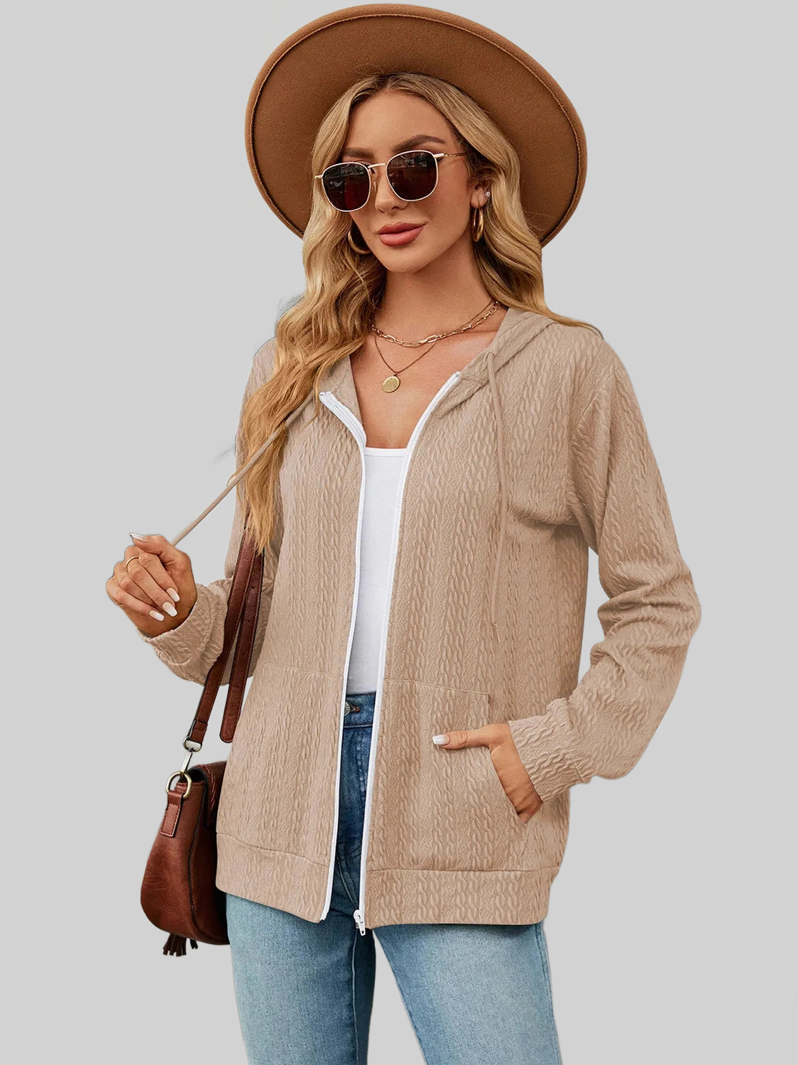 Drawstring Zip Up Long Sleeve Hoodie NicholesGifts