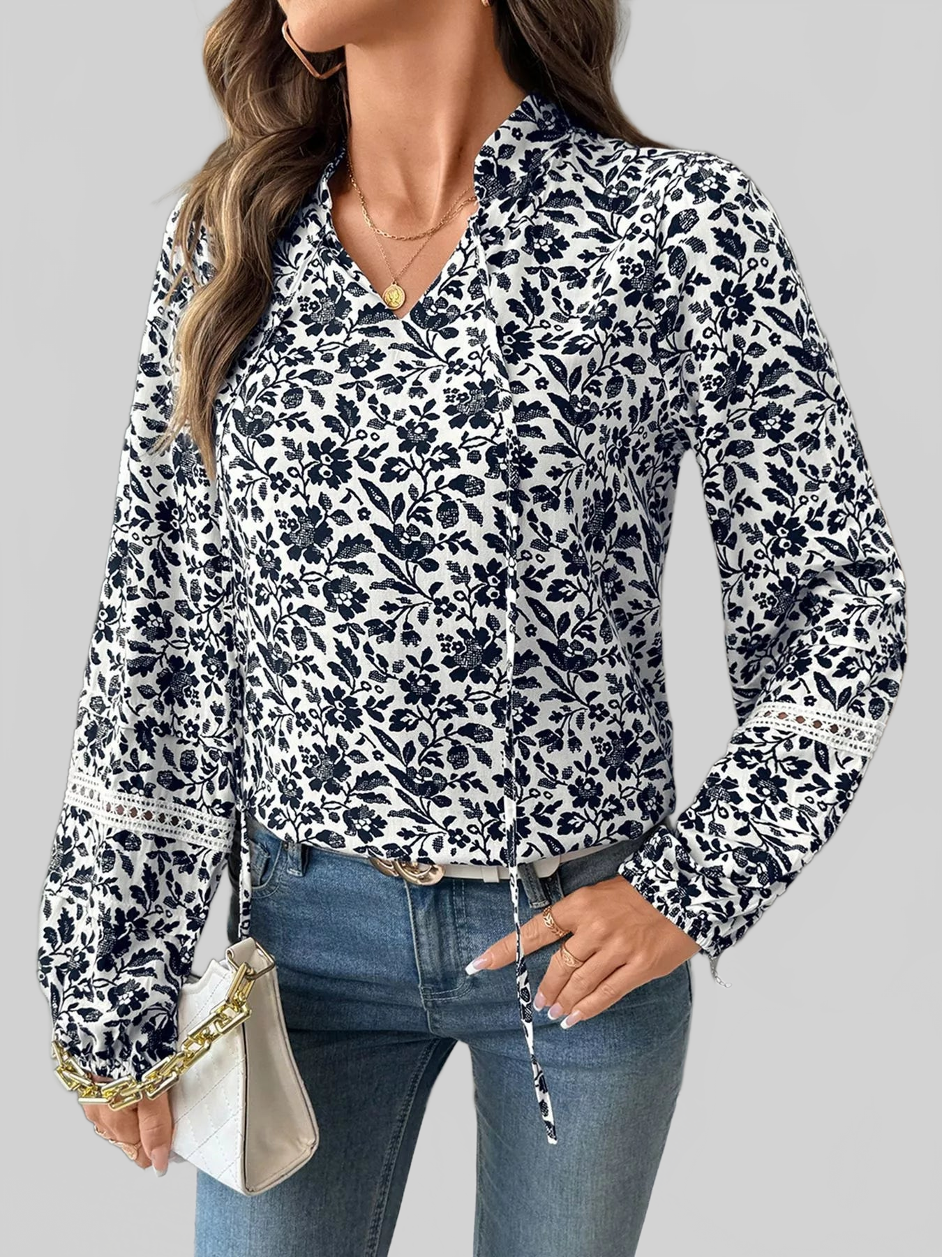 Printed Tie Neck Long Sleeve Blouse NicholesGifts