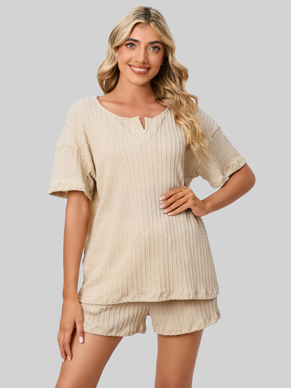 Notched Short Sleeve and Shorts Lounge Set nicholesgifts