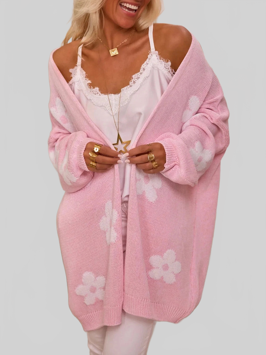 Women Flower Open Front Long Sleeve Cardigan Sweater NicholesGifts