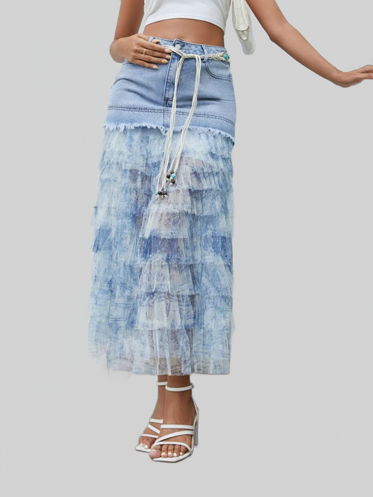 Women Tiered Ruffle Denim Patchwork Skirt NicholesGifts