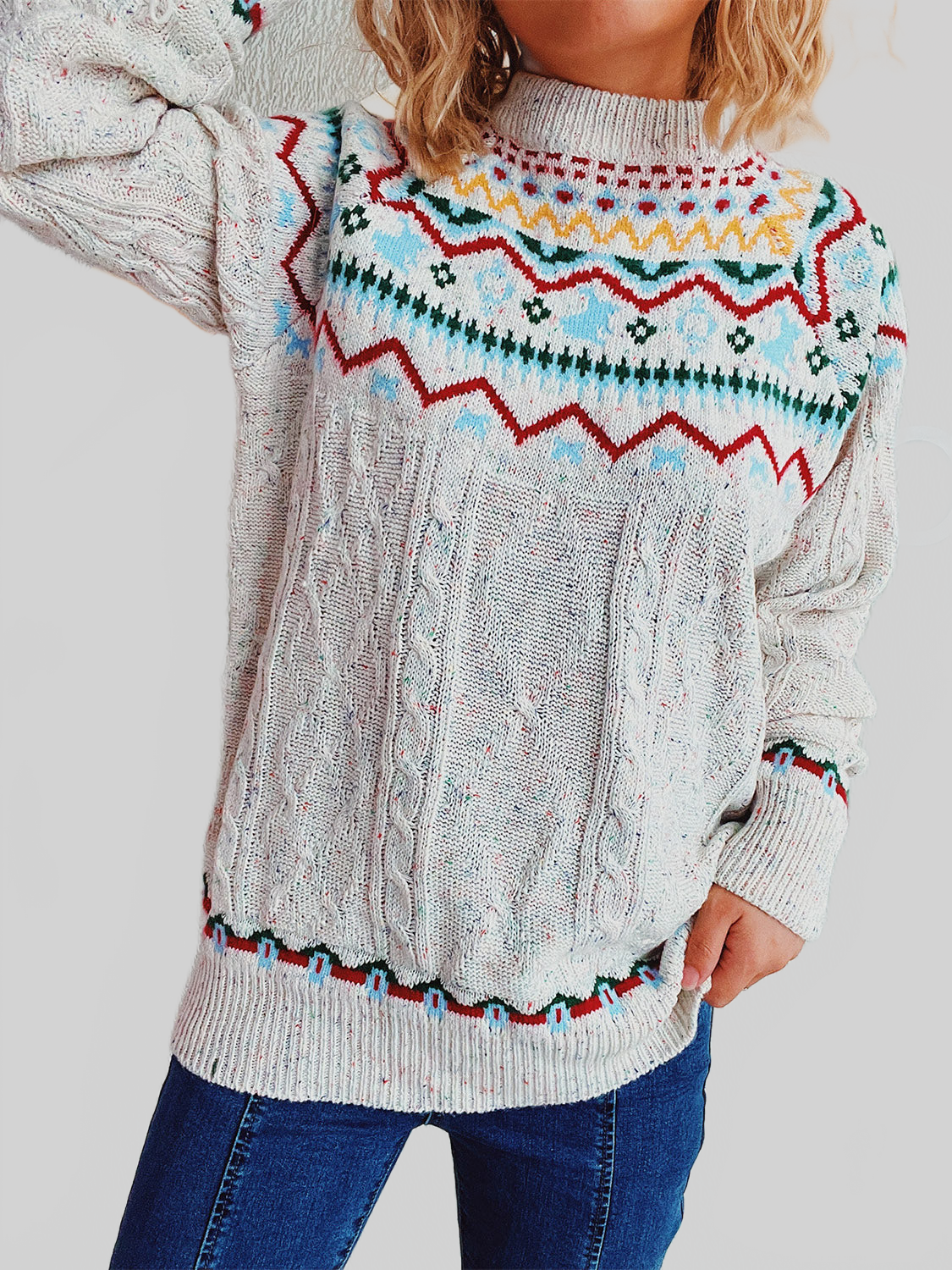 Women Cable-Knit Mock Neck Long Sleeve Sweater nicholesgifts