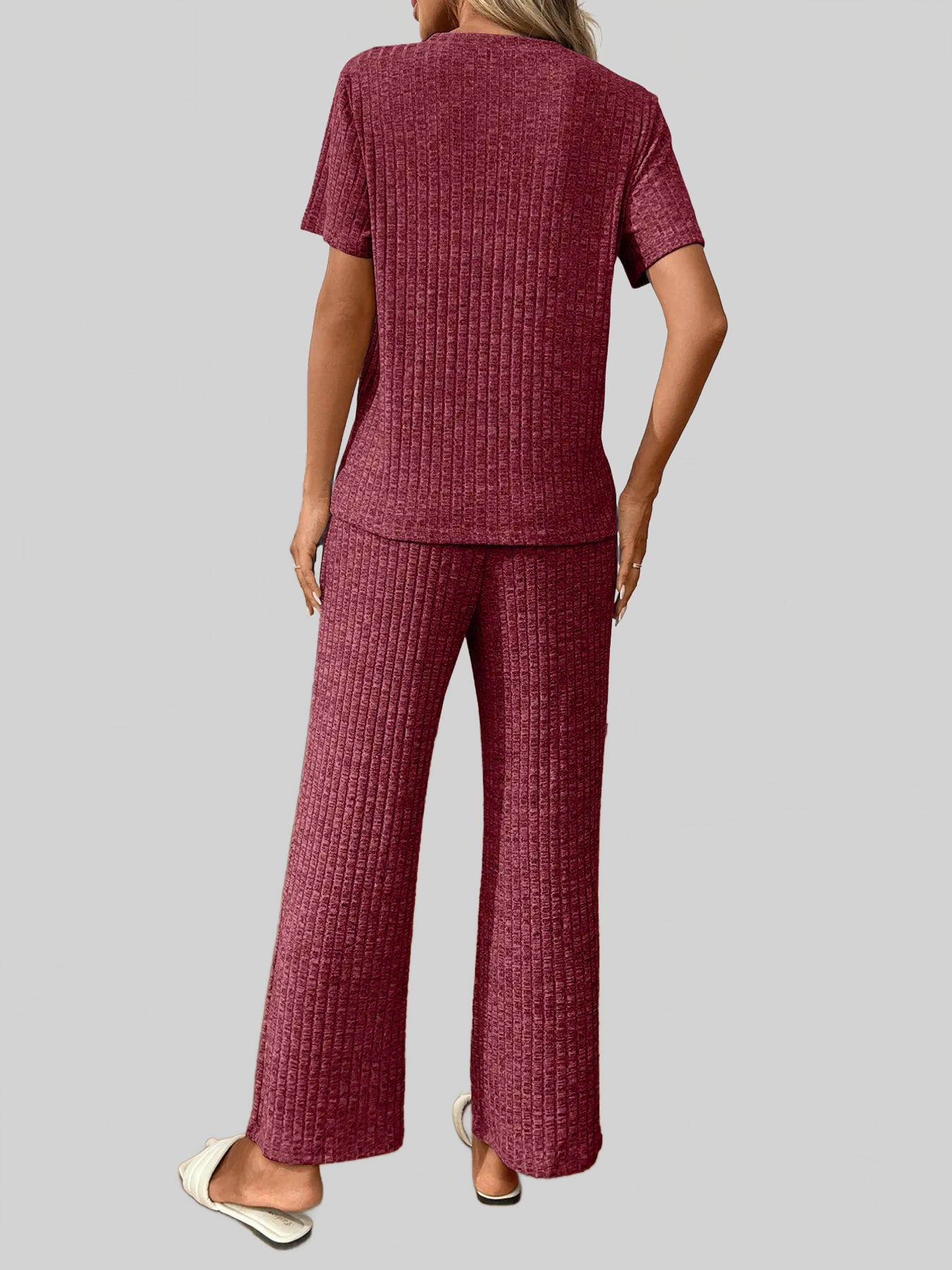 Ribbed Knit Short Sleeve Top and Pants Lounge Set nicholesgifts