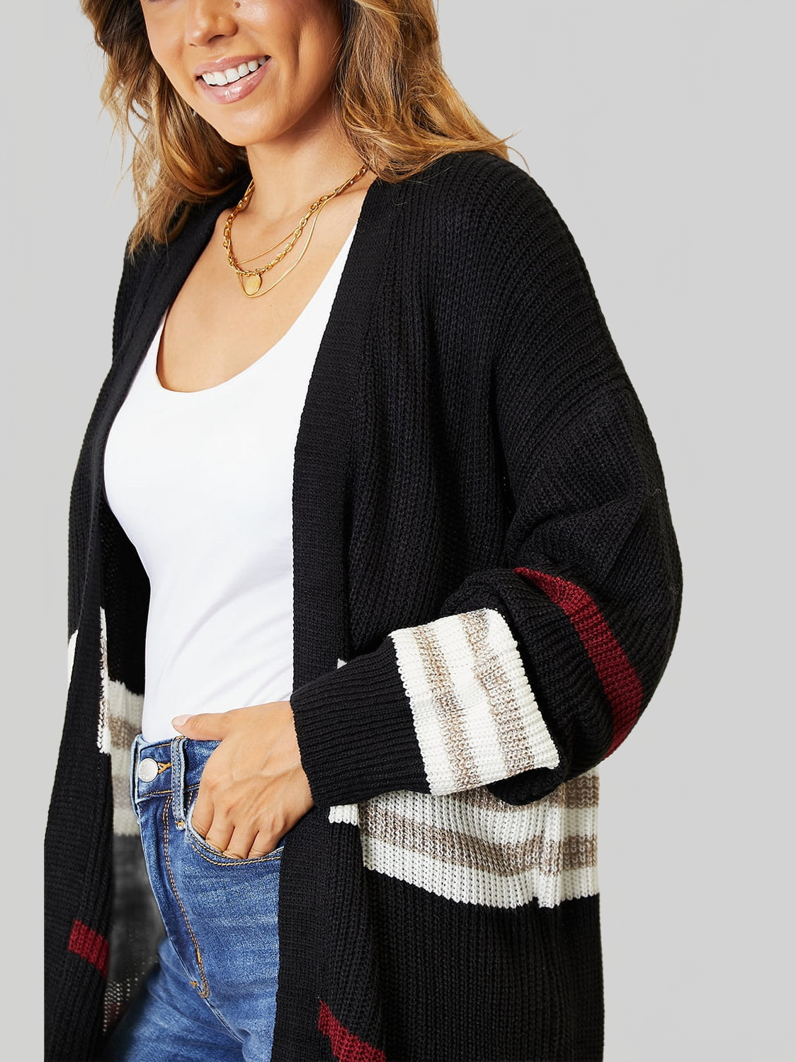 Women Perfee Striped Rib-Knit Drop Shoulder Open Front Cardigan nicholesgifts