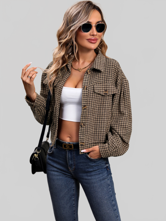 Perfee Houndstooth Collared Neck Button Up Jacket NicholesGifts