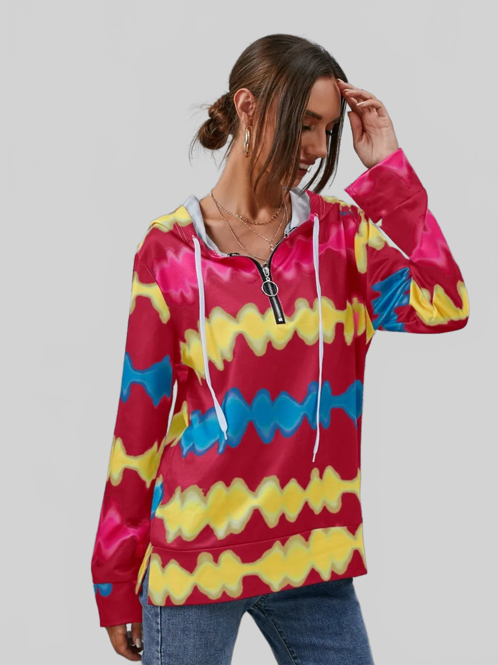 Contrast Quarter Zip Dropped Shoulder Hoodie NicholesGifts