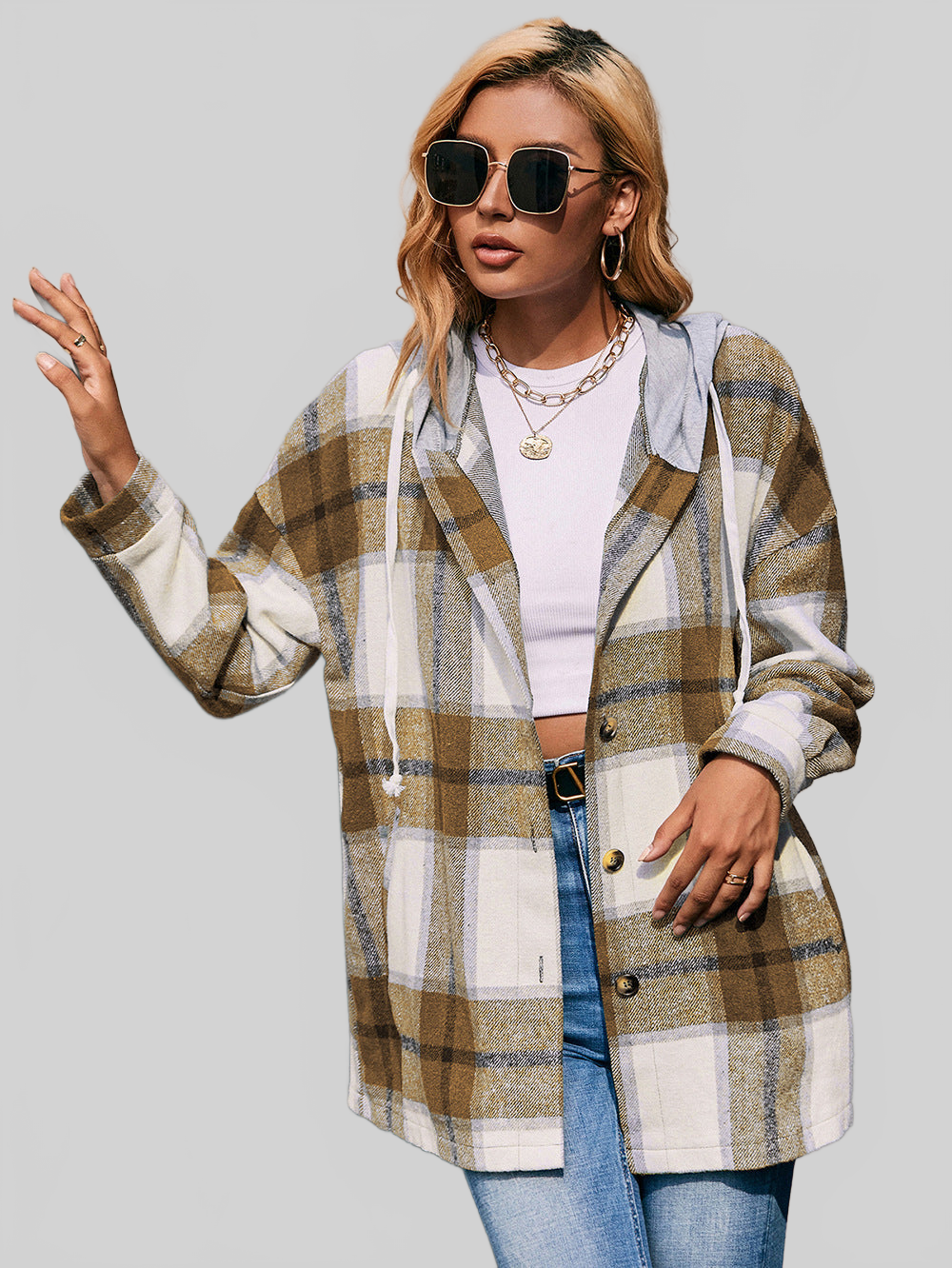Women Ivy Lane Plaid Dropped Shoulder Hooded Jacket NicholesGifts