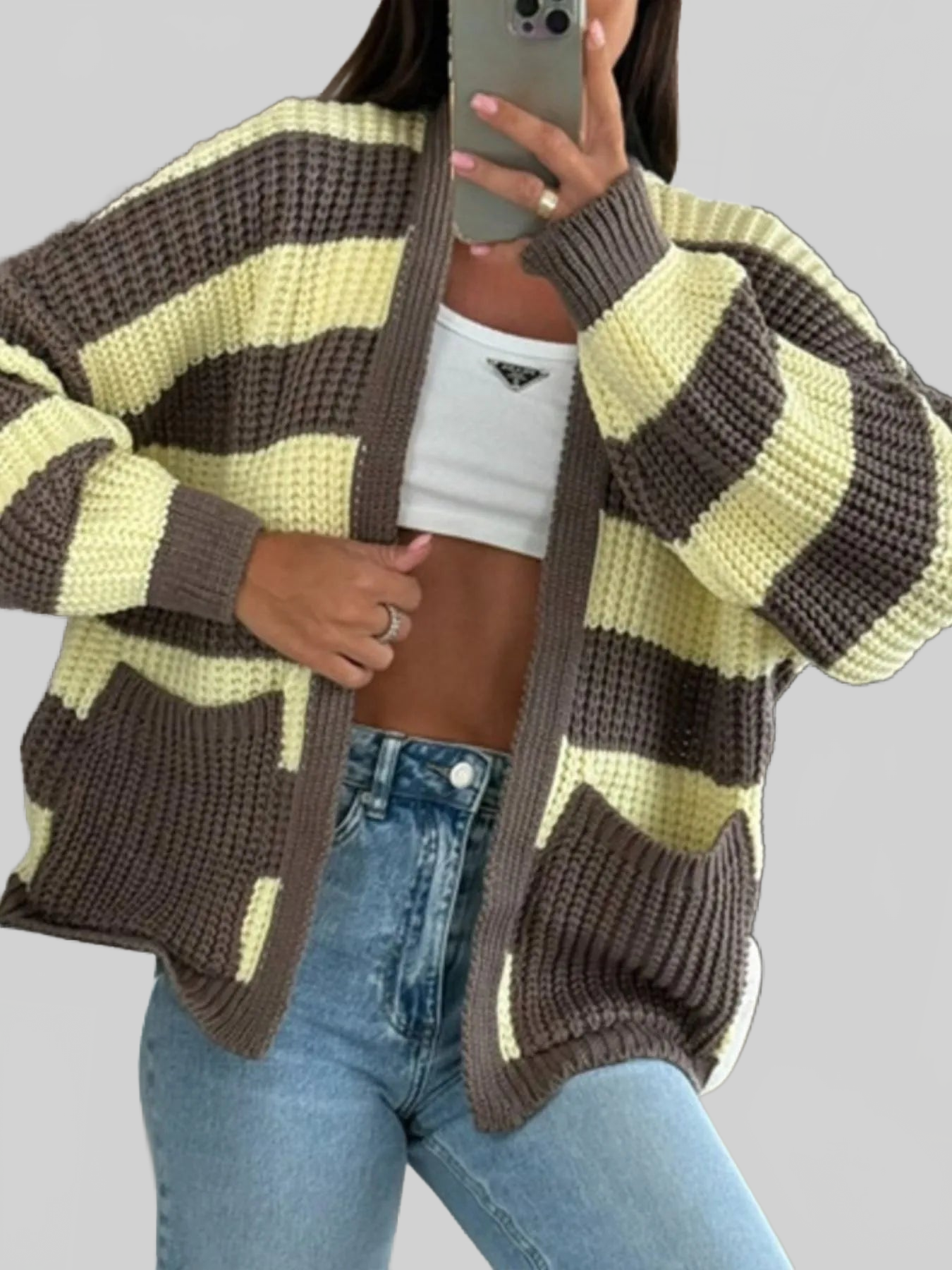 Striped Open Front Long Sleeve Cardigan nicholesgifts