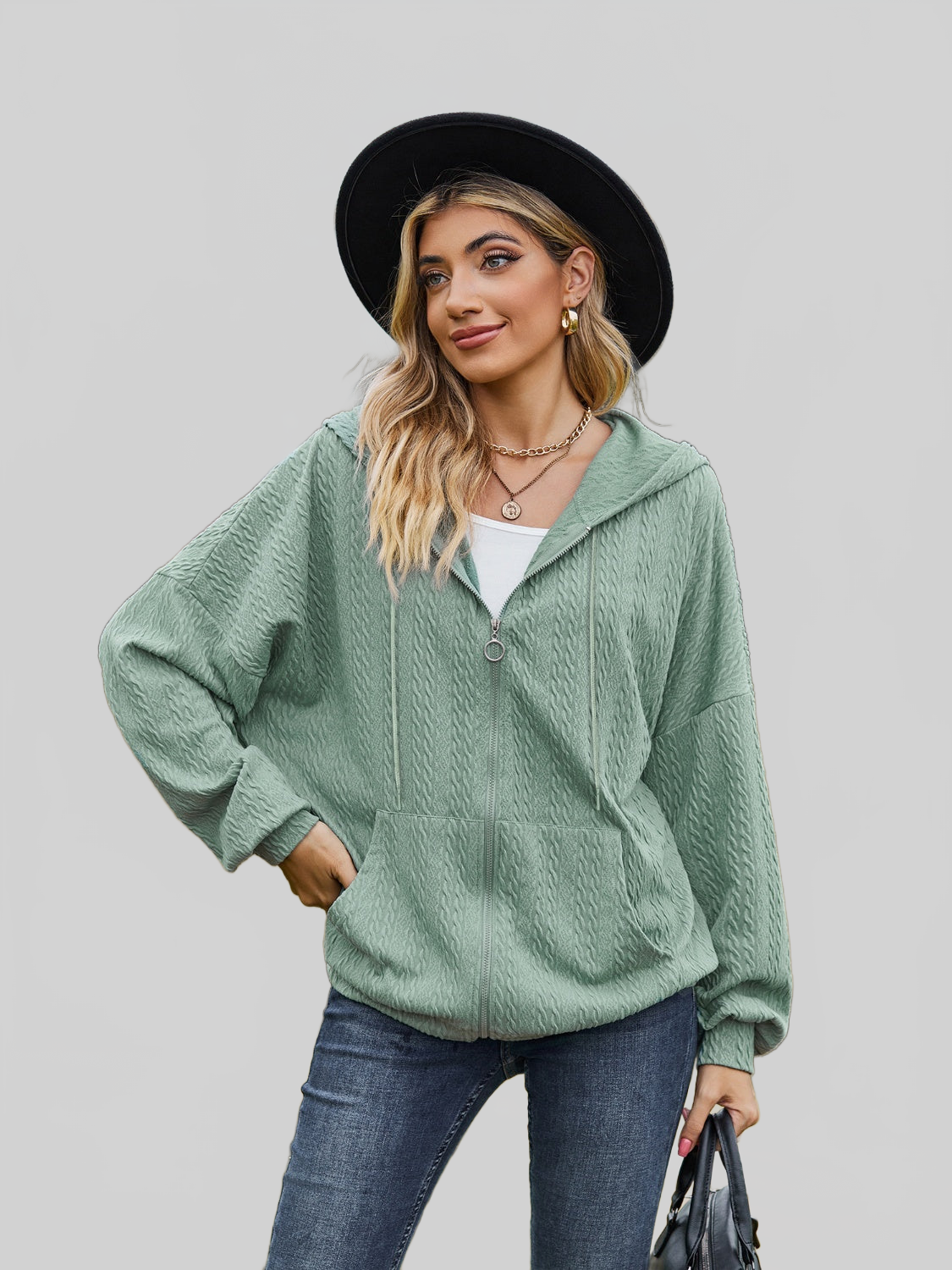 Zip Up Drawstring Long Sleeve Hooded Jacket nicholesgifts