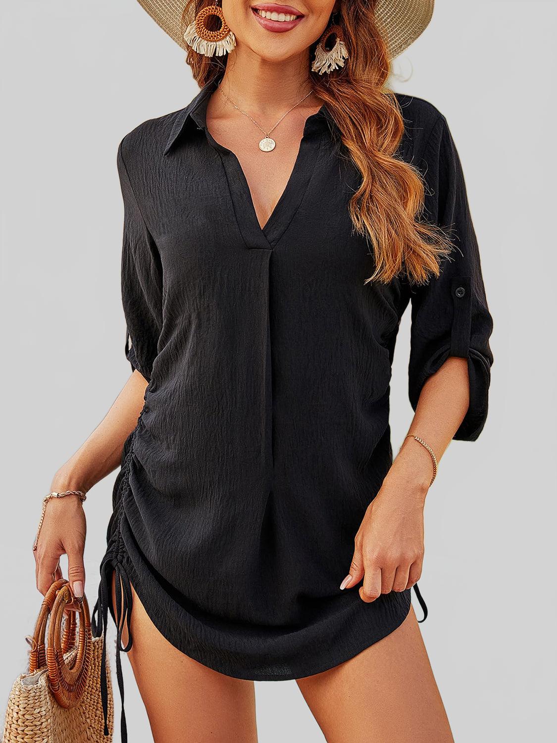 Women Texture Drawstring Half Sleeve Blouse nicholesgifts