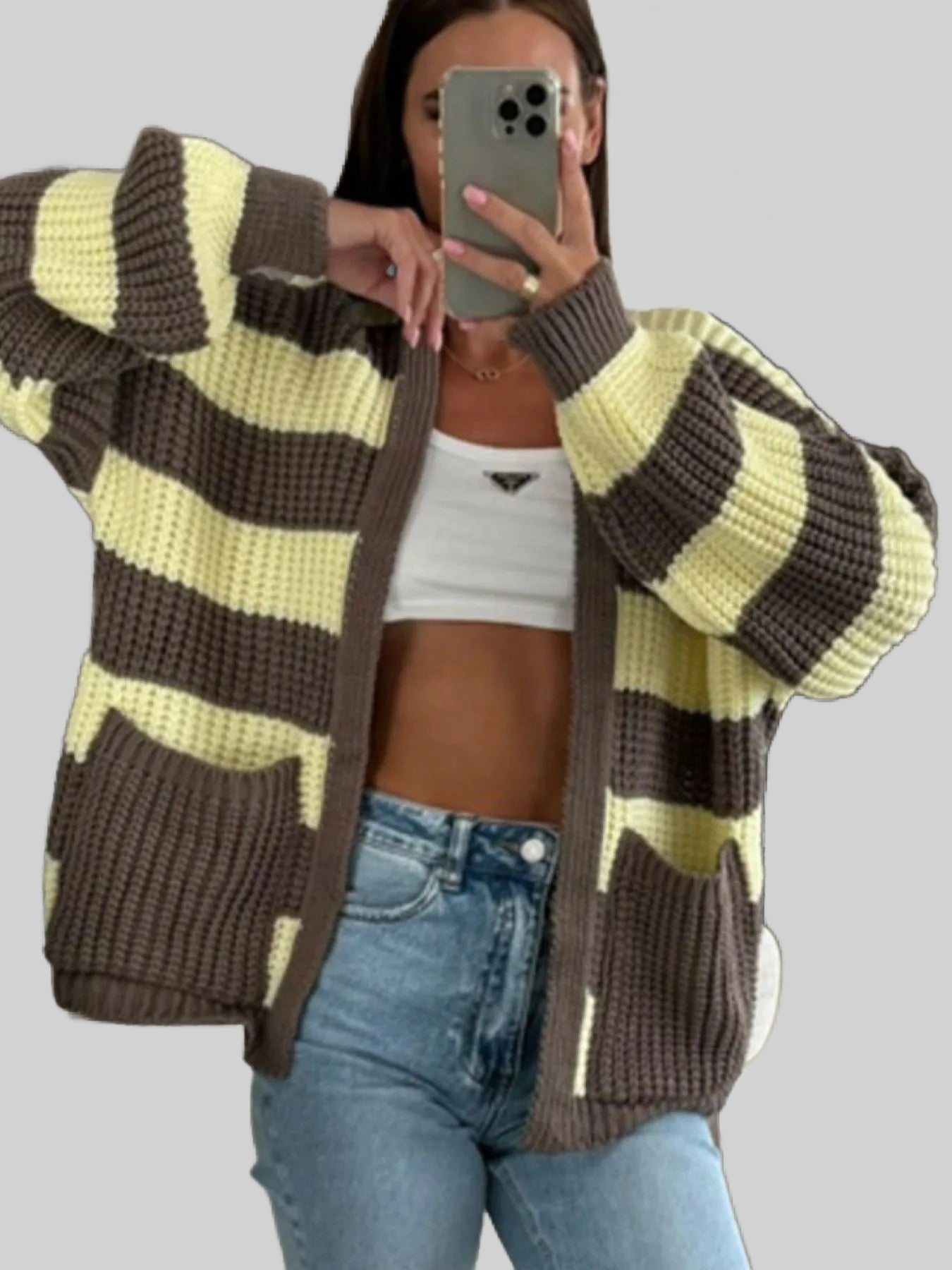 Striped Open Front Long Sleeve Cardigan nicholesgifts